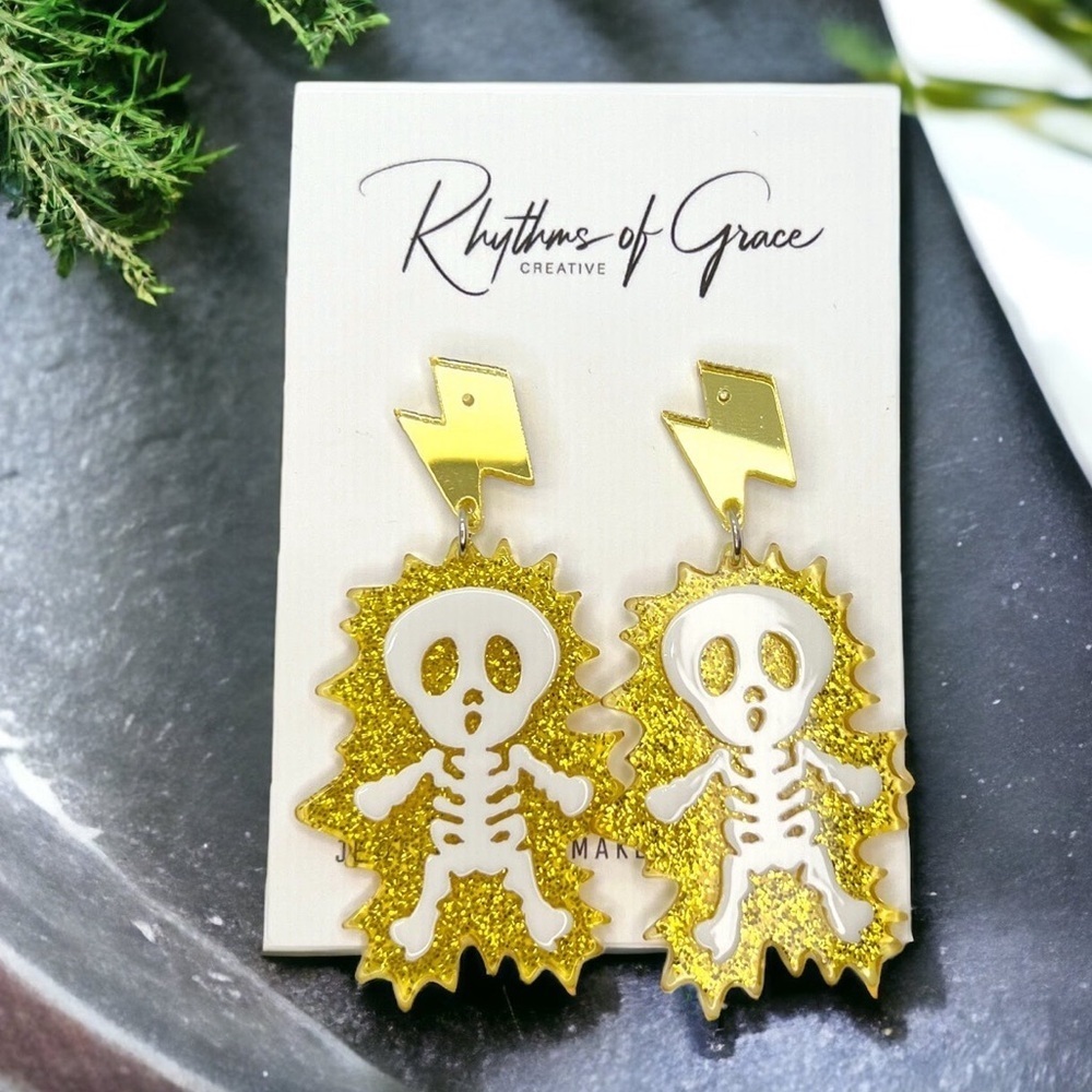 NWT Gold Electrocuted Skeleton Halloween Earrings - Electrifying Accessories